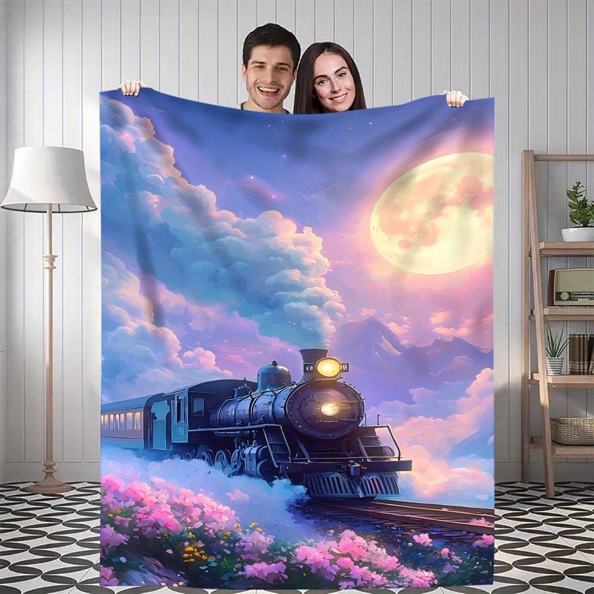 

1pc Dream Train Digital Printed Design Blanket - All-Season Soft Flannel Throw with Vibrant Train & Floral Scene, Mixed Colors 75x90cm28x35in