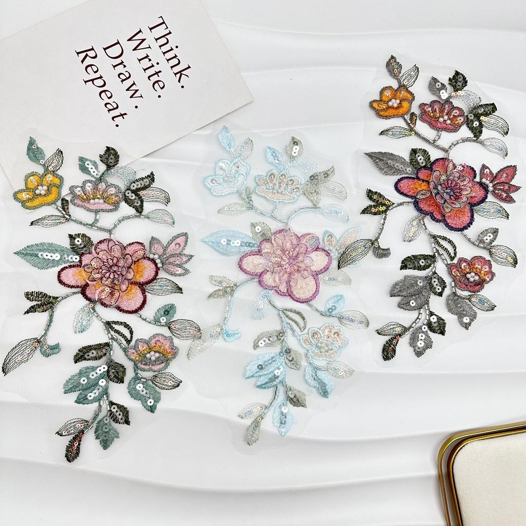 Exquisite Beaded Sequins Flower Embroidery Cloth Sticker Fashionable Three-Dimensional Flower Decoration Accessories Cheongsam Hanfu Lace Decal