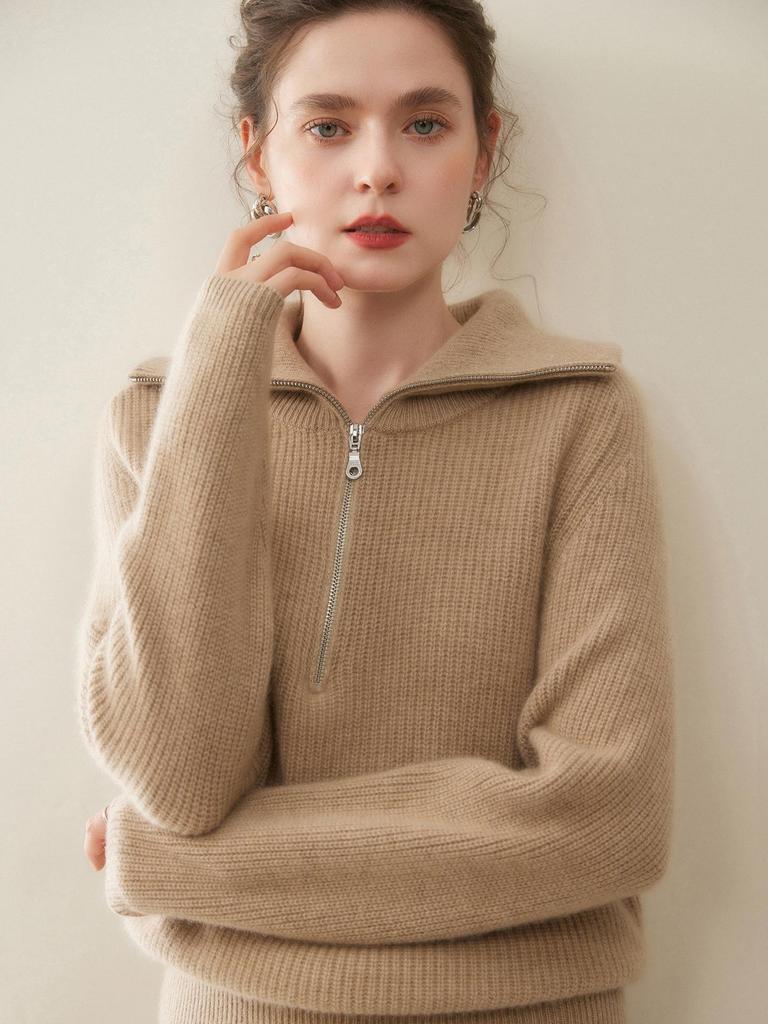 Women's Ribbed Knit Cashmere Lapel Half-Zip Sweater - Thick, Warm, Versatile, Loose Fit (2025)