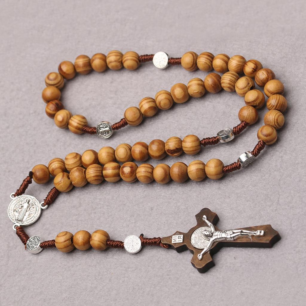 Wood Bead Cross Rosary Necklace Bead Chain Pendant Ornaments for Home Church Yoga Room Decorations Gift
