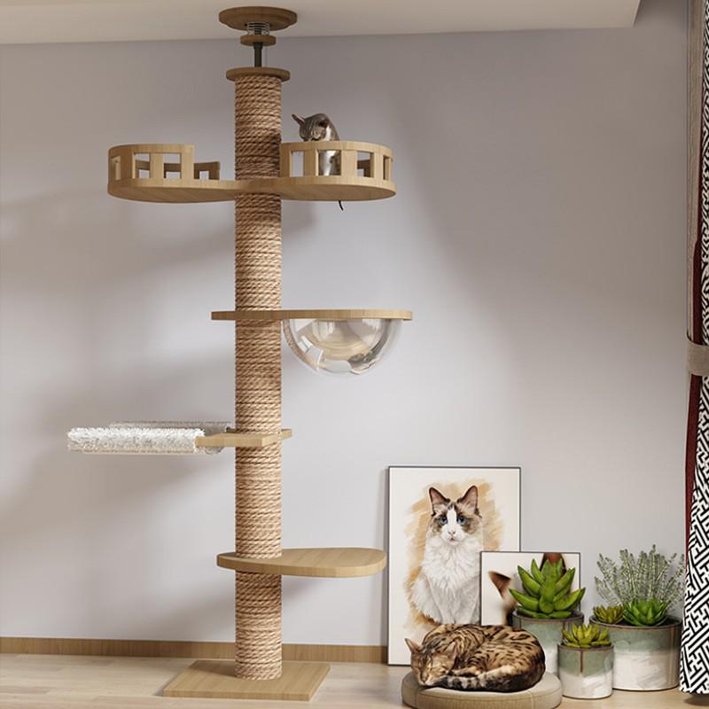 Solid Wood Cat Tree Condo: Space-Saving Capsule Villa for Large Cats with Toys