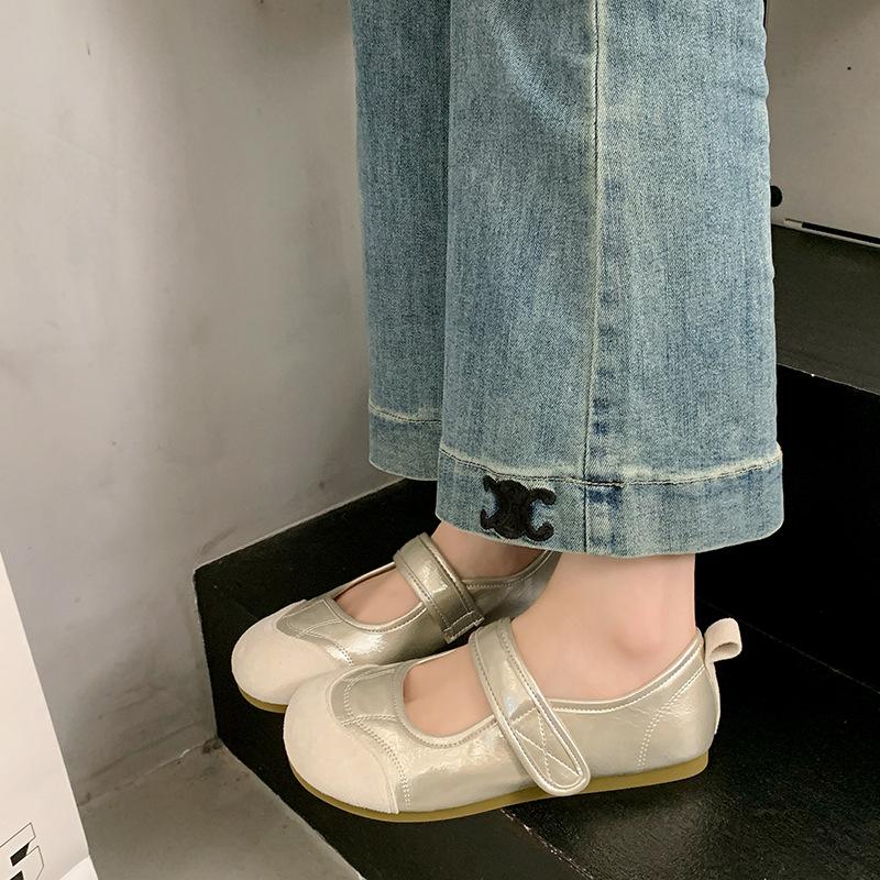 Flat silver single shoes women's summer new with skirt Velcro Mary Jane shoes Doudou shoes