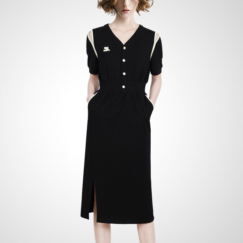 

Модное повседневное платье с V-образным вырезом, приталенного кроя, с разрезом и короткими рукавами Black short sleeve S