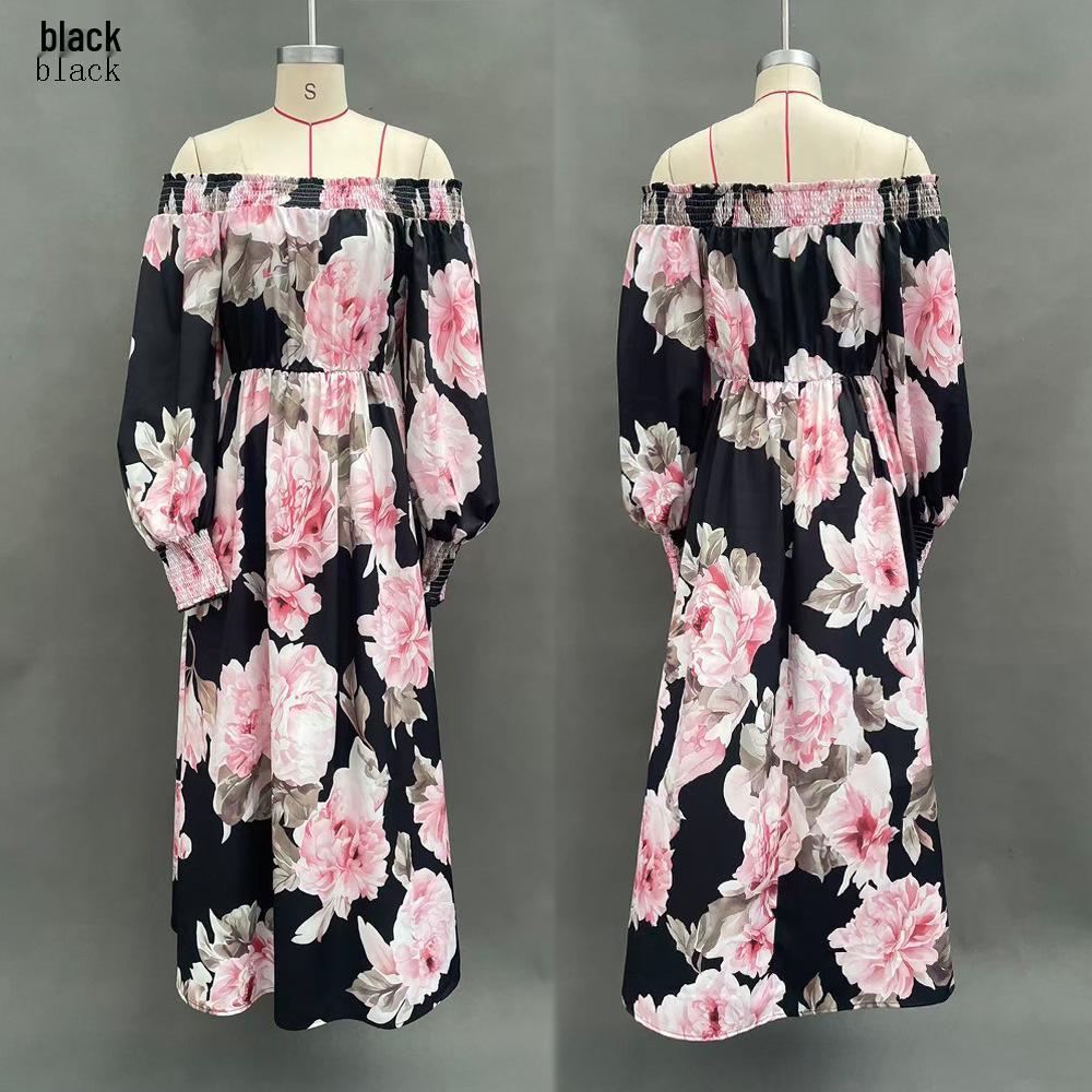 European & American 2026 Fashion Print One-Shoulder Lantern Sleeve Elegant Dress