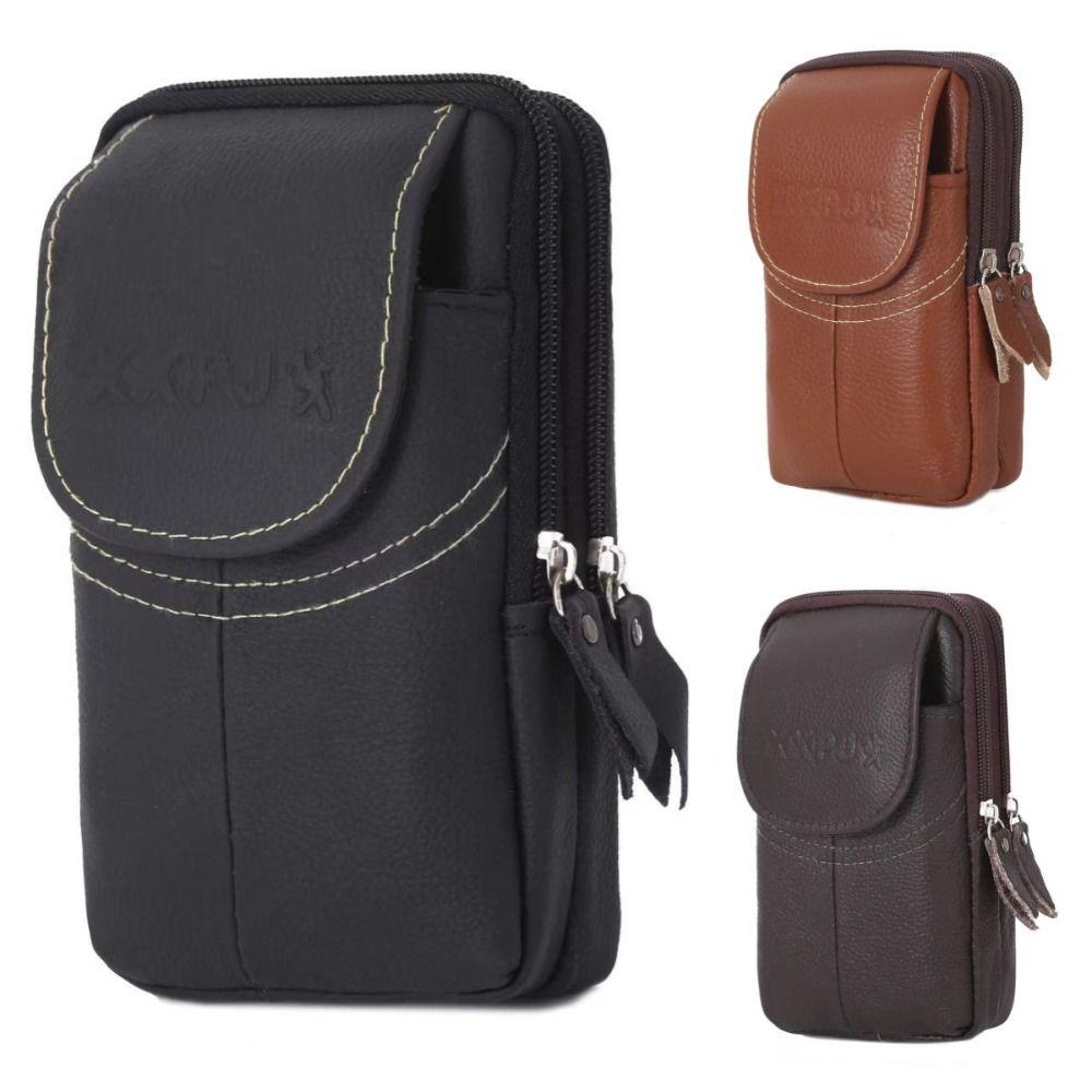 Solid Color Outdoor Sports Waist Bag Cowhide Leather Phone Belt Hanging Pouch  Outdoor Sports