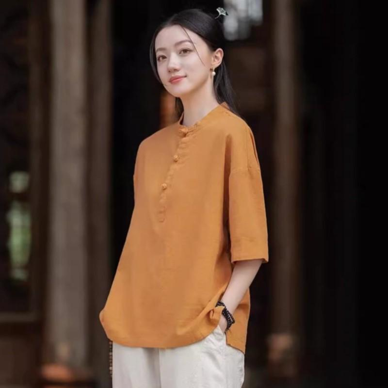 

Johnature Женские винтажные рубашки из хлопка с воротником-стойкой из рами на пуговицах в китайском стиле, летние новые однотонные блузки с коротким рукавом 2024 года One Size