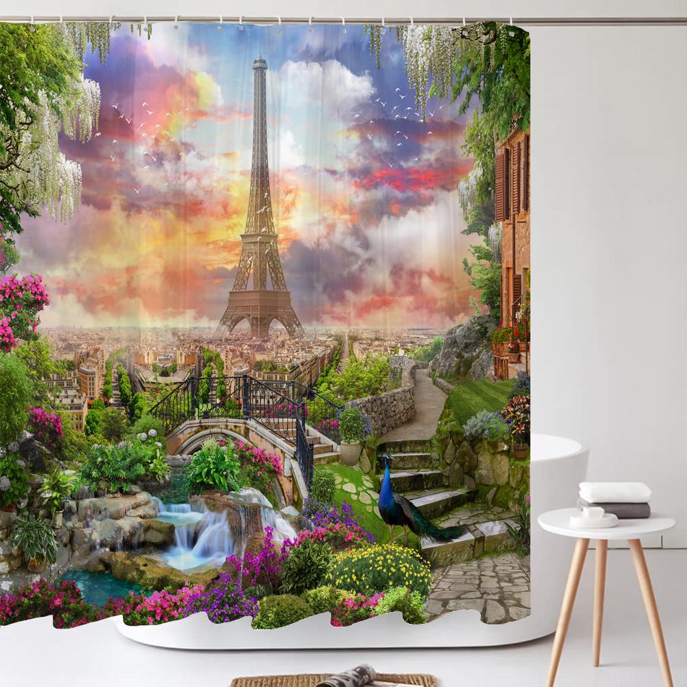 

3D Print Paris Tower Bathroom Shower Curtains Waterproof Polyester Fabric With Hooks 240X180Cm Bath Screen Home Decor Curtain W60H190(CM)-1 Pcs