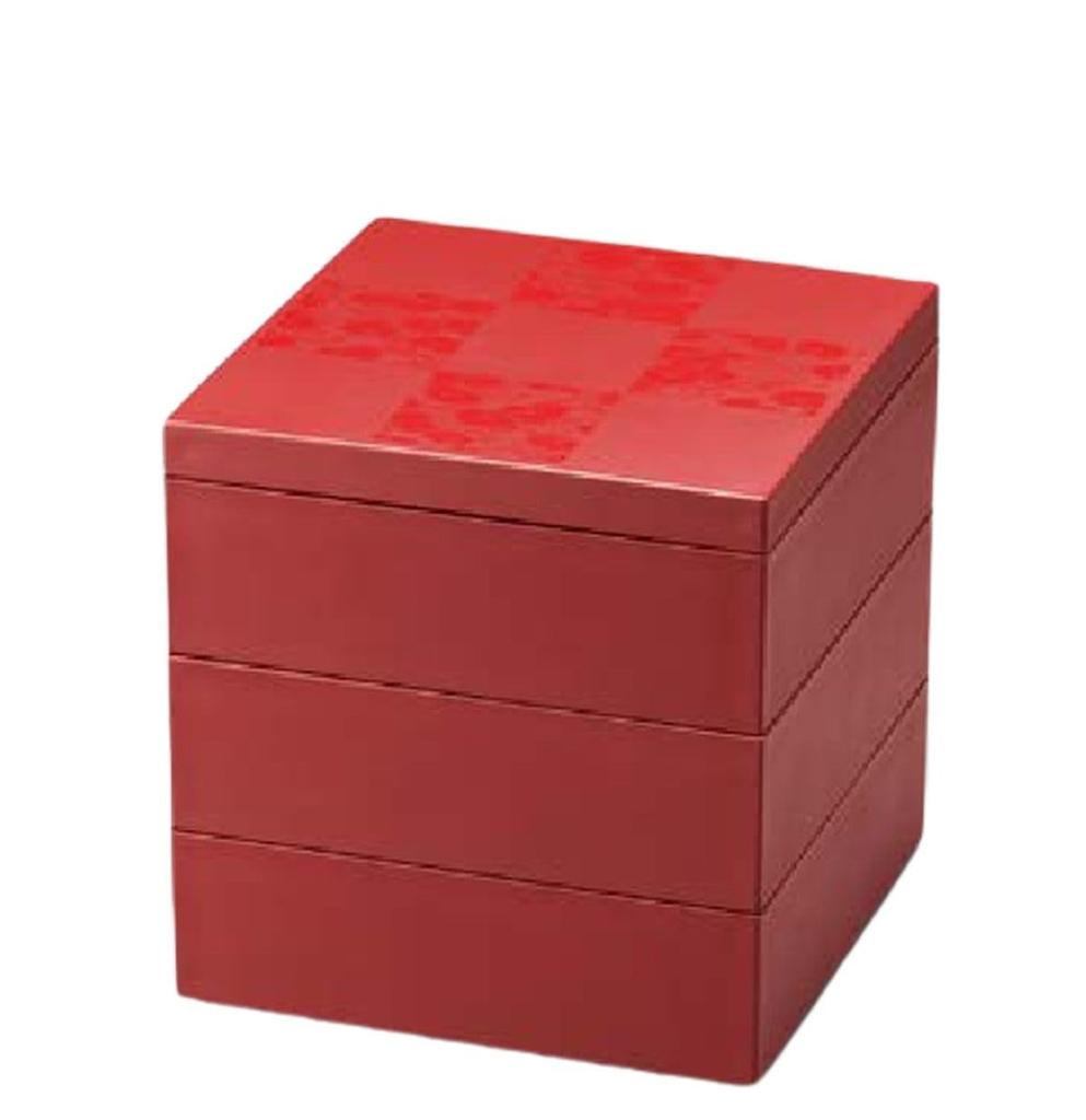 Outdoor Lunch Box Made in Saiun Ichimatsu 50 Ginshu Modern Design J-kitchens (Lunch Box) Japan, Pattern, Three-Tiered Box, (Red) (1 Set), 15cm,
