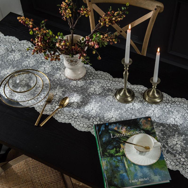 Lace Table Runner French White Romantic Decorative Wedding Tablecloth Floral Embroidery Camino De Mesa Rectangle Dustproof Cover