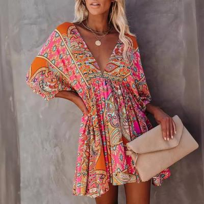Women's Sexy V-neck Waist Print Boho Dress