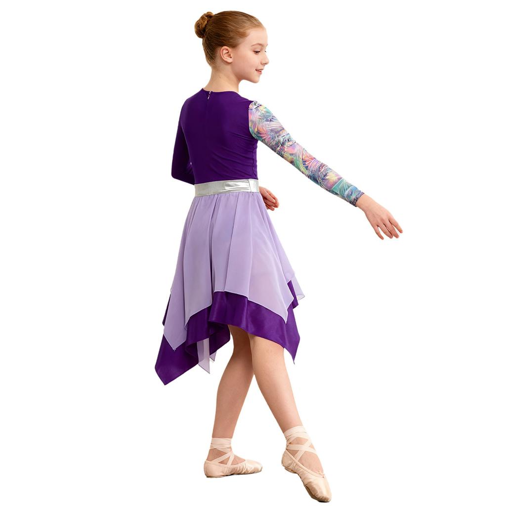 Girls Worship Dance Dress Long Sleeve Color Block Patchwork Irregular Hem Elegant Stage Performance Gown