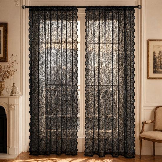 1 Panel Sheer Lace Curtain, Vintage Floral Lace Curtain with Rod Pocket, Light Filtering Window Curtain Panel for Living Room Bedroom Window Closet