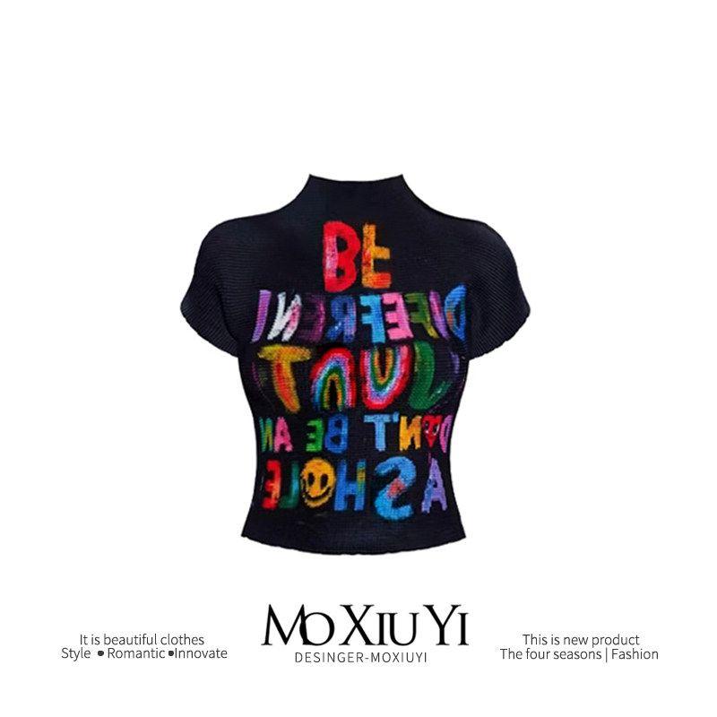 

Moxiuyi [In Stock] Jinjing Star Same Style Artist Black with Graffiti Letters Sexy American Ruched T Black M