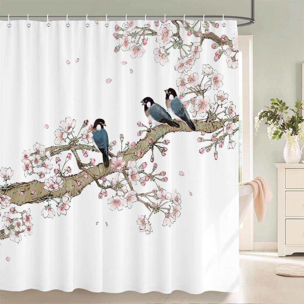 Flowers Birds Bath Curtain Waterproof Fabric Shower Curtains Floral Leaves Landscape Printing Bathroom Screen Home Decoration