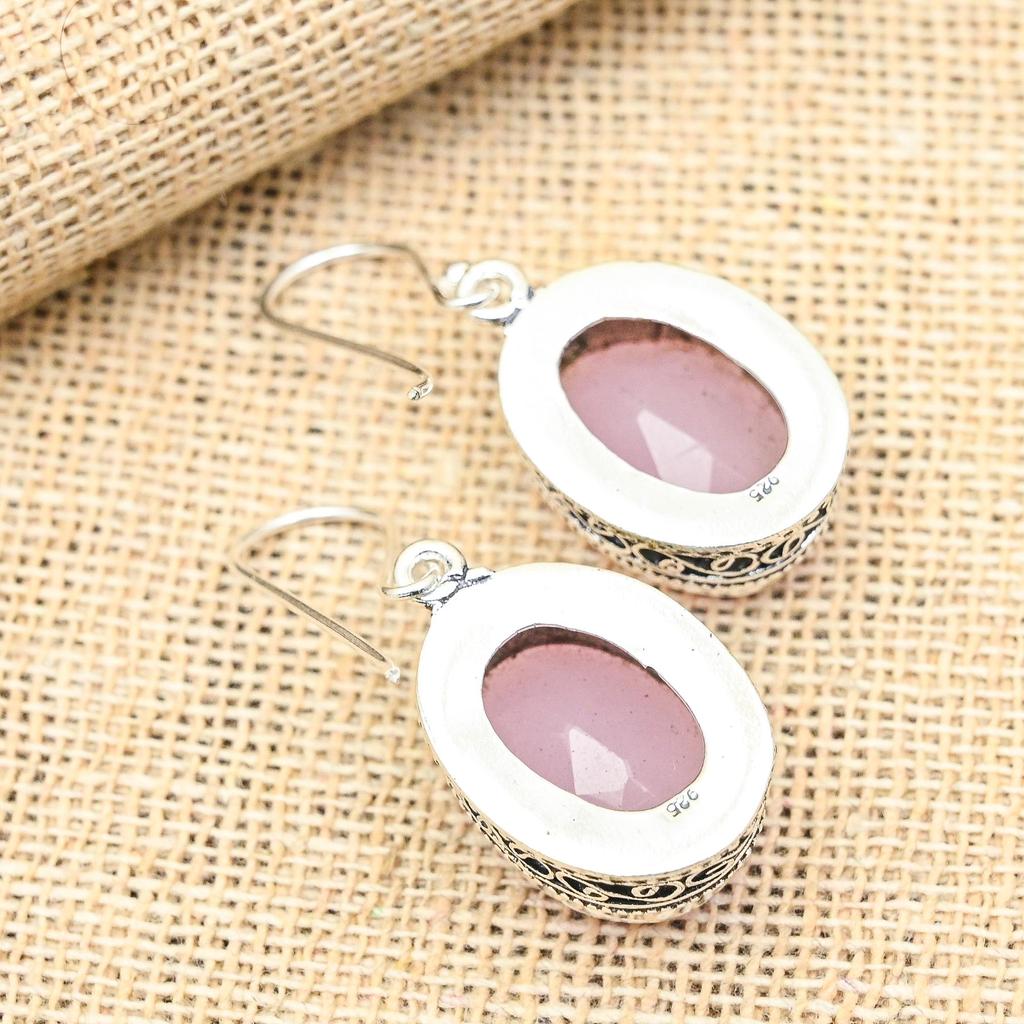 Rosa Chalcedon Edelstein 925 Sterling Silber Handgefertigt Schöner Ohrring Geschenk Für Liebe
