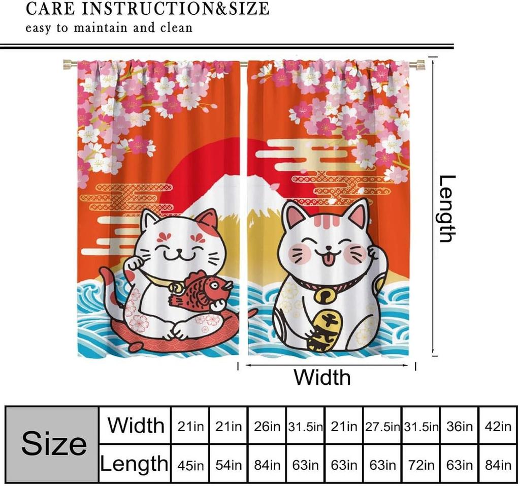Japanese Curtains Cute Lucky Cat Rustic Pink Cherry Blossoms Mountain Fuji Red Sun Pattern Decor Drapes for Bedroom Living Room