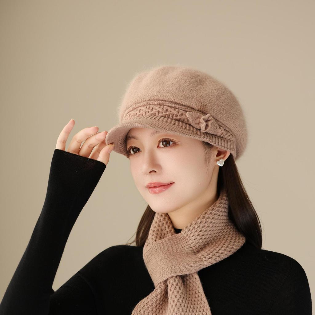 Rabbit Fur Peaked Hat Women's Winter Windproof New Thickened Ear Protection Mother's Hat Outdoor Warm Knitted Hat Scarf