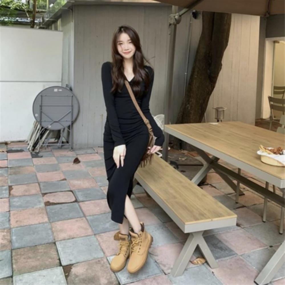 New Arrivals Open Run Women Slim Fit Side Slit Pocket Hood Long Sleeve Longdress