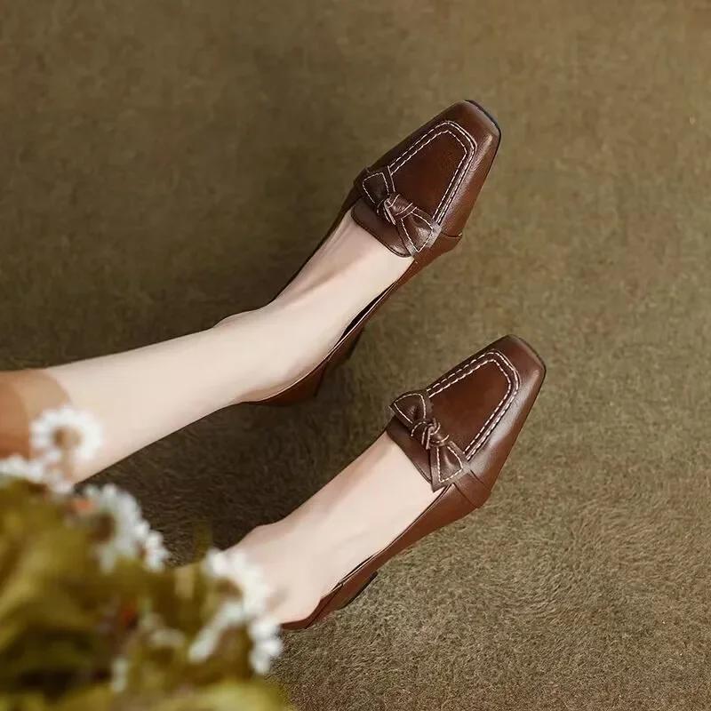 Women Retro Bowknot High Heels Spring Autumn Fashion Elegant Square Toe Stiletto Chunky Heels Pumps Party Dress Casual Shoes