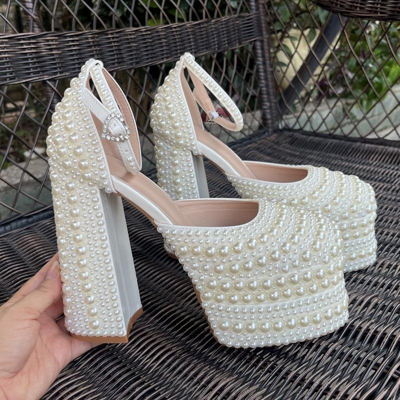 Fashion Brand Handmade Inlaid Pearls/rhinestones Sandals Wedding Bride Party Bownot Nightclub Steel Pipe Dance High-heeled Shoes Size 42