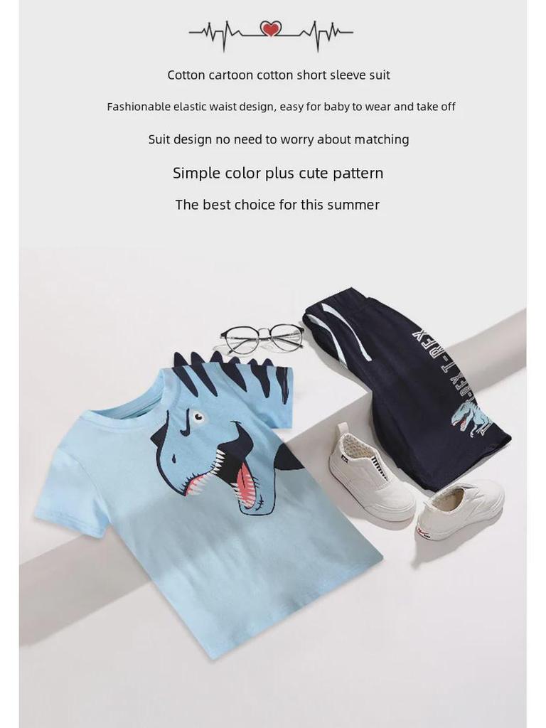 Ensemble t-shirts et shorts d'été à imprimé dinosaure pour garçons et bébés - Vêtements tendance à manches courtes pour enfants en deux pièces.