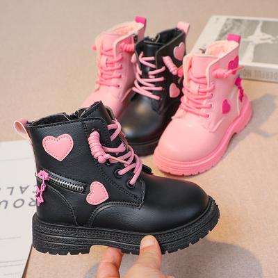 Dívčí krátké kozačky Dětské krátké kozačky Britský styl Love Kožené kozačky Jednokolky Dívčí plus sametové teplé kozačky