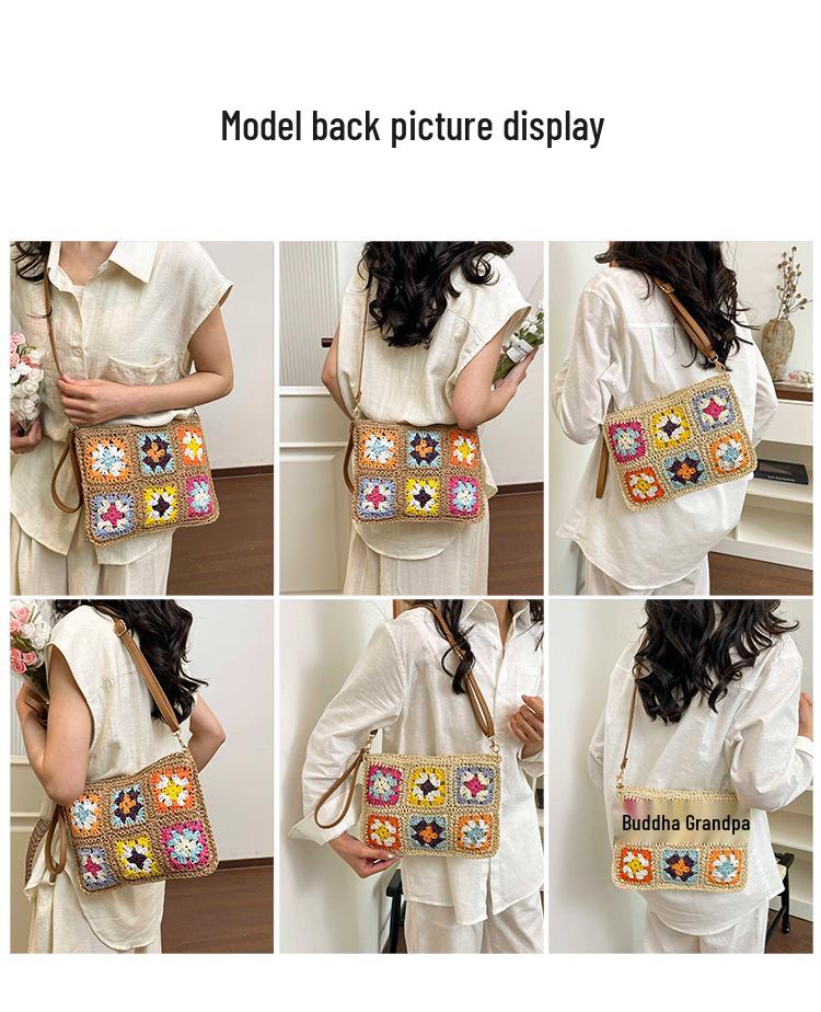 Frühlings-Häkelblumen-Patchwork-Stroh-Quadrattasche - Damen Retro Gewebte Crossbody- und Umhängetasche