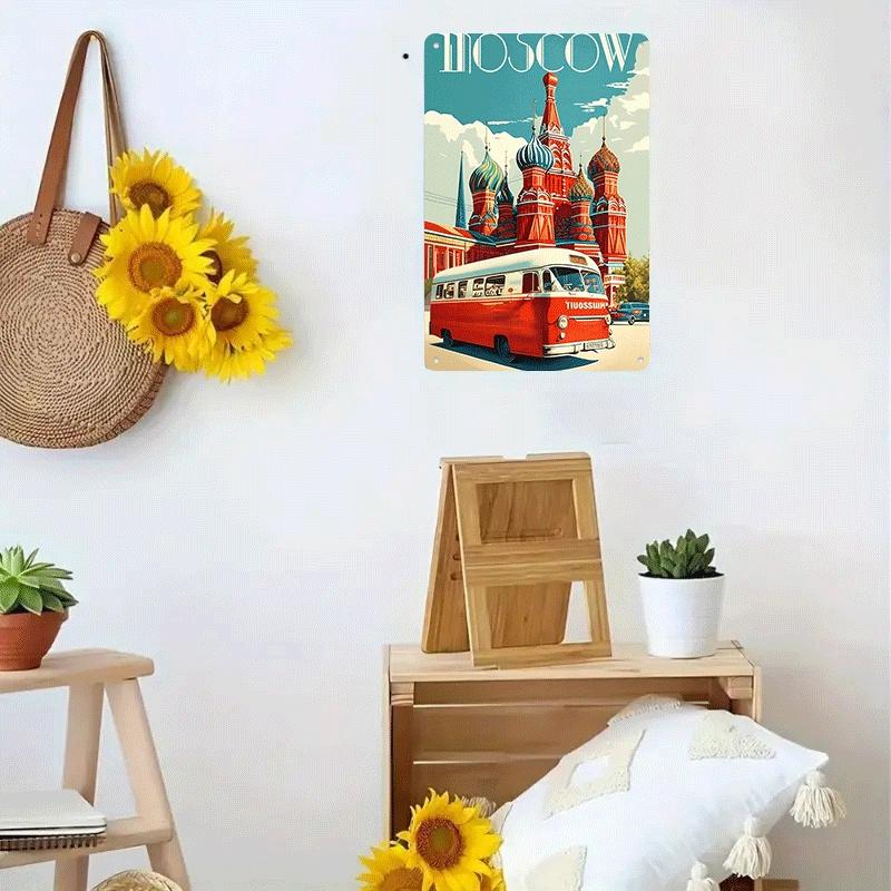 1 item: Retro bus tin painting of St. Basil's Cathedral, Moscow; decorative painting for living room/study; Russian style home w