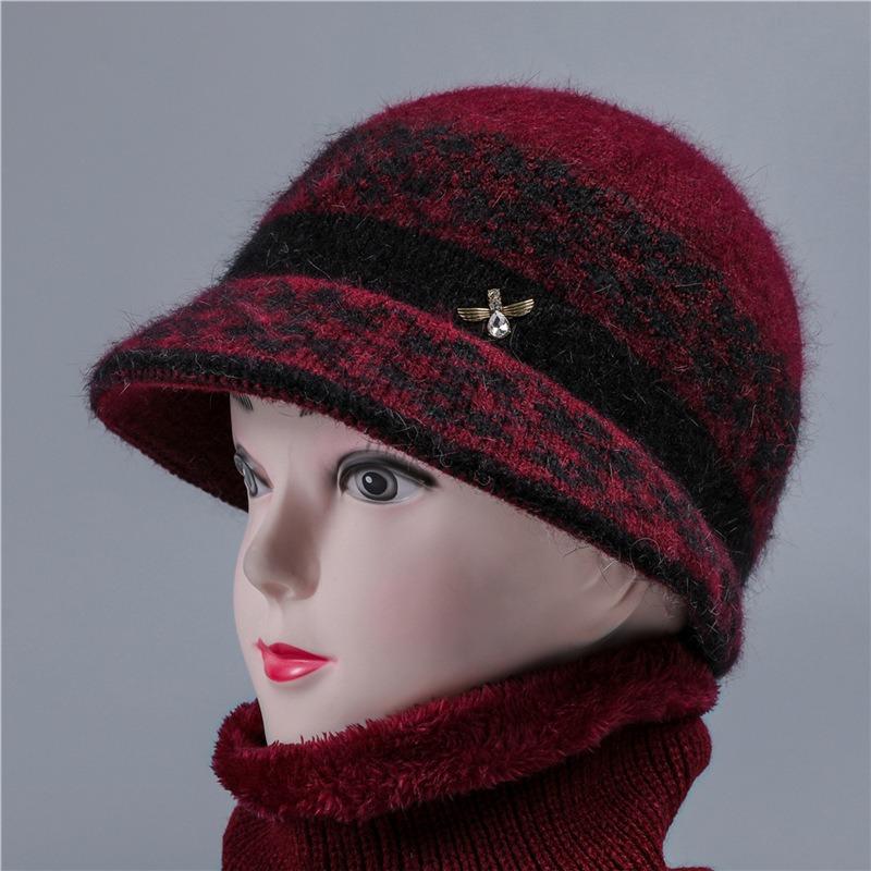 Winter hat women's fleece thickened thermal ear protection hat big brim old lady knitted wool hat