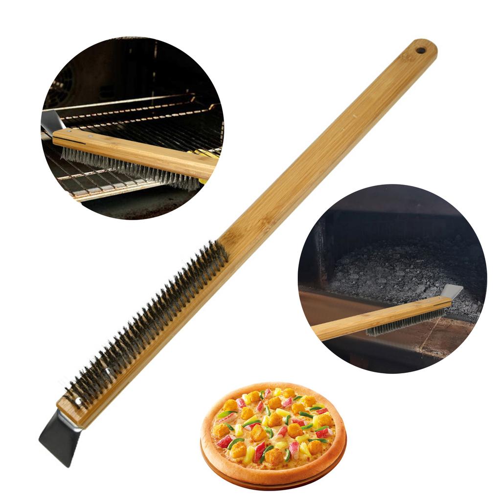 Long Wooden Handle Pizza Brush with Stone Scraper for Oven Cleaning and Burn Prevention for Baker and Professional Chefs