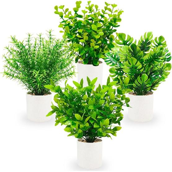 4 Packs Fake Plants Mini Purple Artificial Potted Flowers Small Faux Plants Indoor for Home Office Bathroom Farmhouse Tabletop Spring Decor