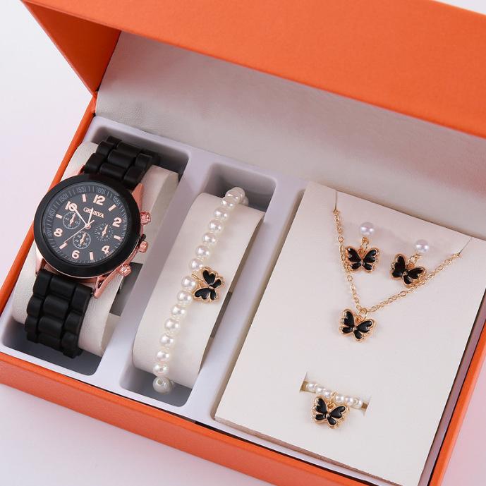 New Women'S Korean Version Of High-End Quartz Watch Simple Classic Silicone Strap Women'S Watch Fashion Set