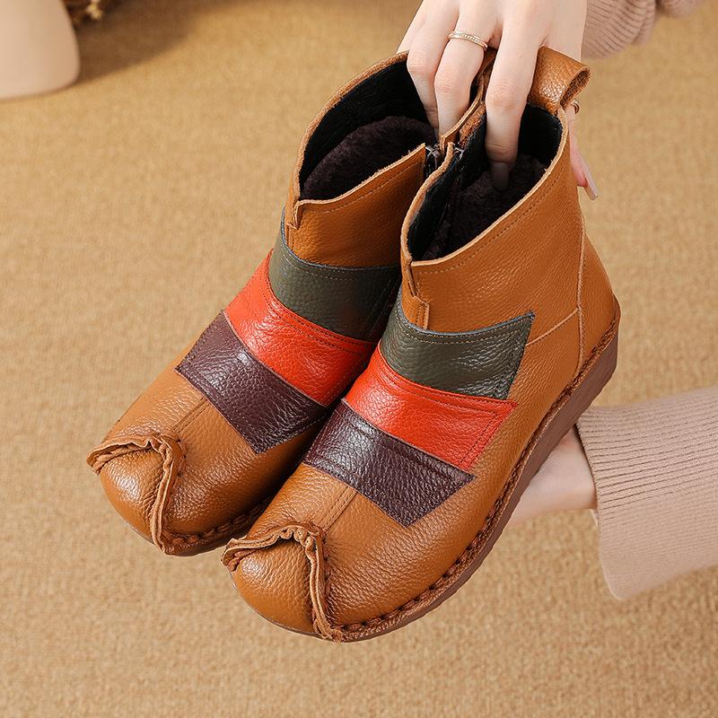 Johnature Ethnic Style Mixed Colors Genuine Leather Wedges Short Boots Warm Comfortable Women's Cotton Shoes