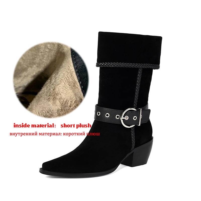 Krazing Po Flock Winter Pointed Toe Size 33 Western Boots Size 43 Metal Buckle Thick Heels Mid-calf Boots