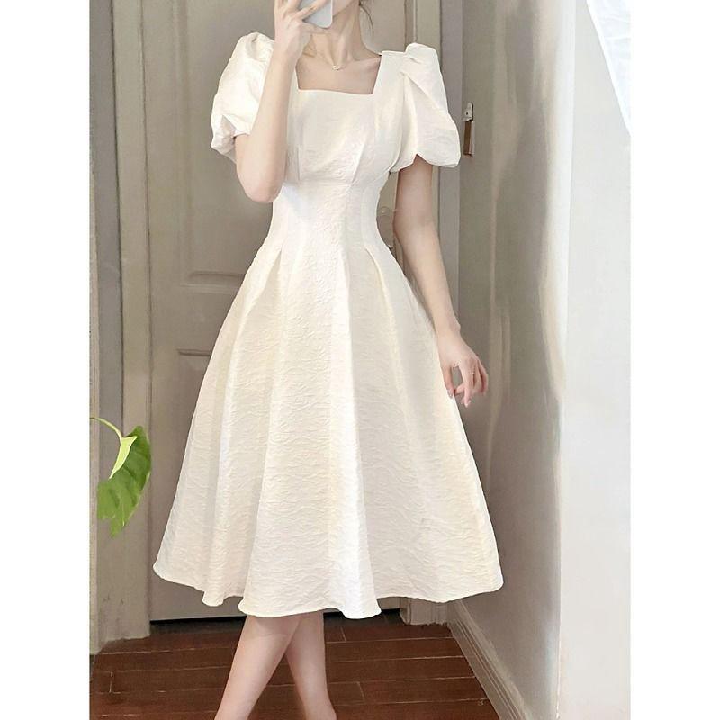 Women's Summer White Swing Dress with Square Neck and Waist-Slimming Design