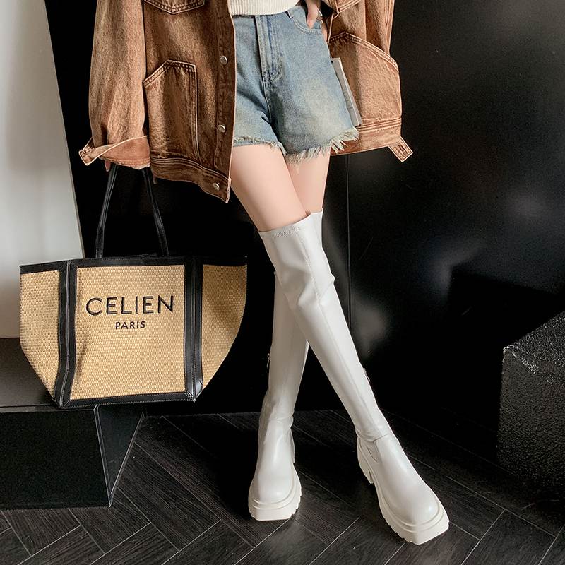 Krazing Pot Skórzane buty wiosenne i zimowe z grubego dna, antypoślizgowe, platformy, damskie, wsuwane, wysokie buty do ud