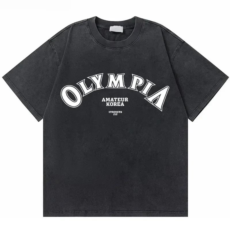 T-shirt Vintage Lavate Olympia Amateur Corea Stampa Double Face Uomo Fitness Palestra Copri Muscoli T-shirt Moda Maschile T-shirt Oversize