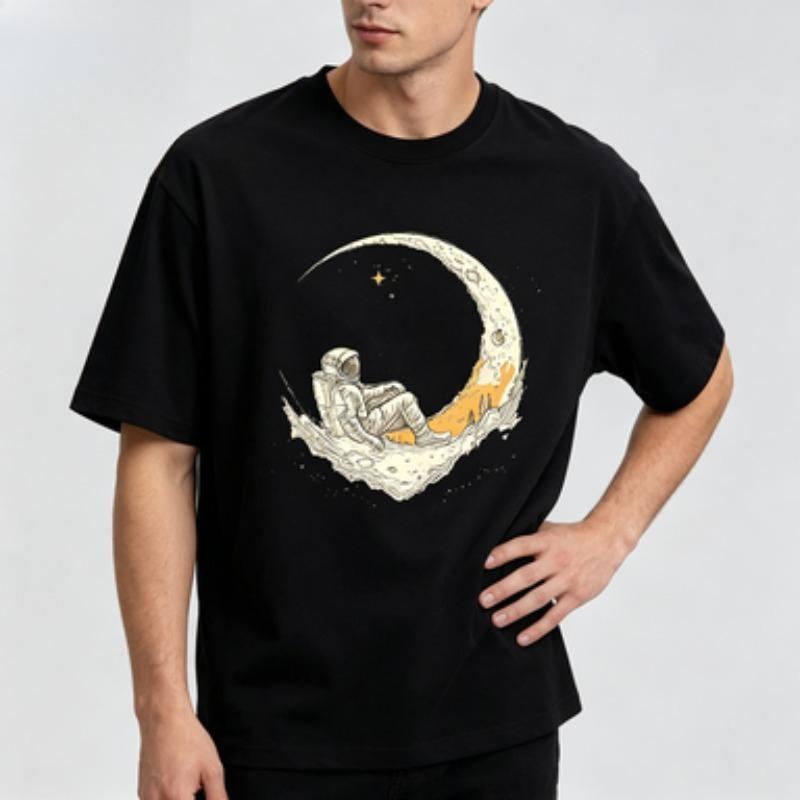 Unisexs Soft Cotton Oversized Tshirt Vintage Moon Astronaut Outer Space Print Short Sleeve Urban Streetwear Basic Tee Tops