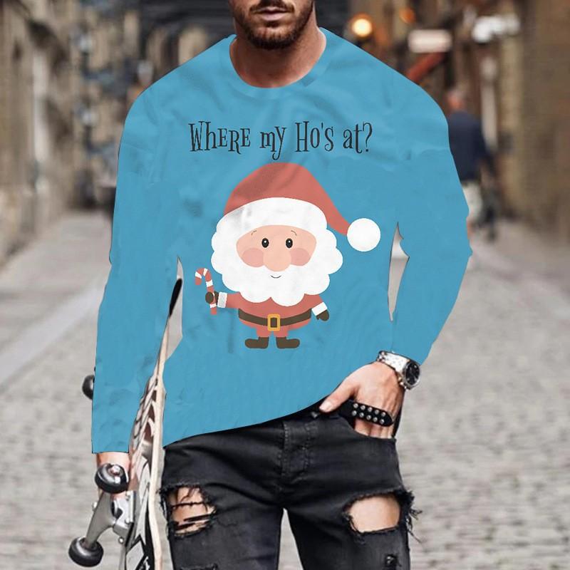 Herren T-Shirts Weihnachten Herren Neu Rundhals Langarm Street Fashion 3D Gedrucktes Herren T-Shirt