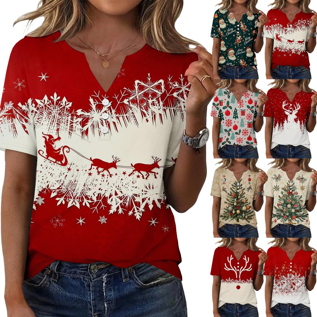 Women's Fashion Casual Christmas Print V-Neck Short Sleeve Button T-Shirt Top