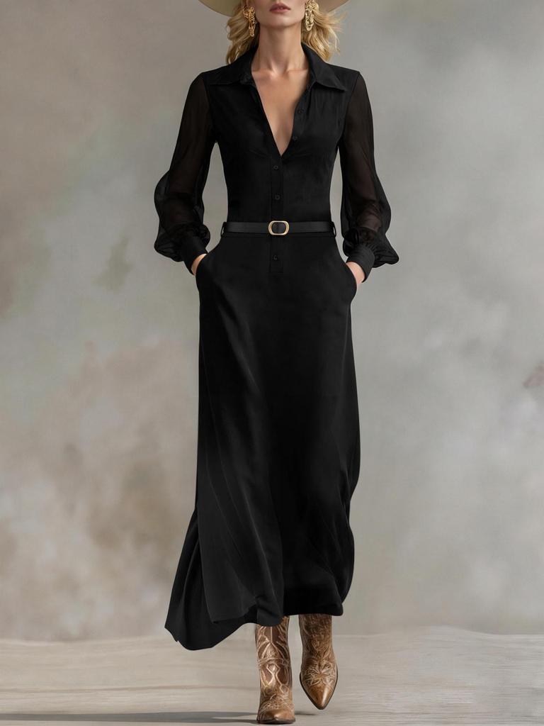 French Elegant Black Mesh Long Sleeve Waist-Cinching Slim Dress for Women