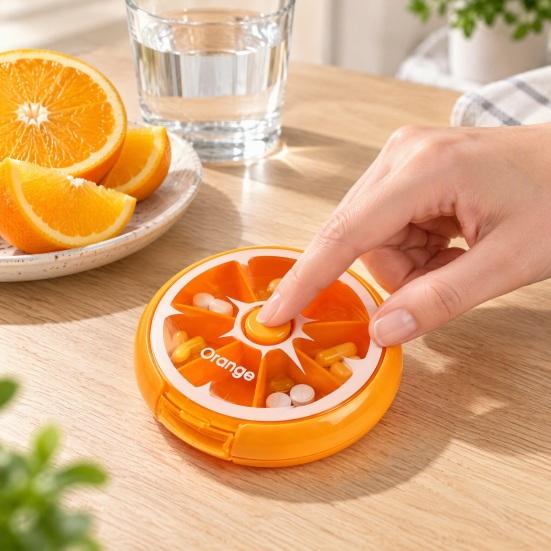 Portable Vitamin Holder for Trips 7 Day Pill Organizer, Rotary Case, Cute Fruit Style Travel Medicine Case Compact ABS Container And Daily Supplements