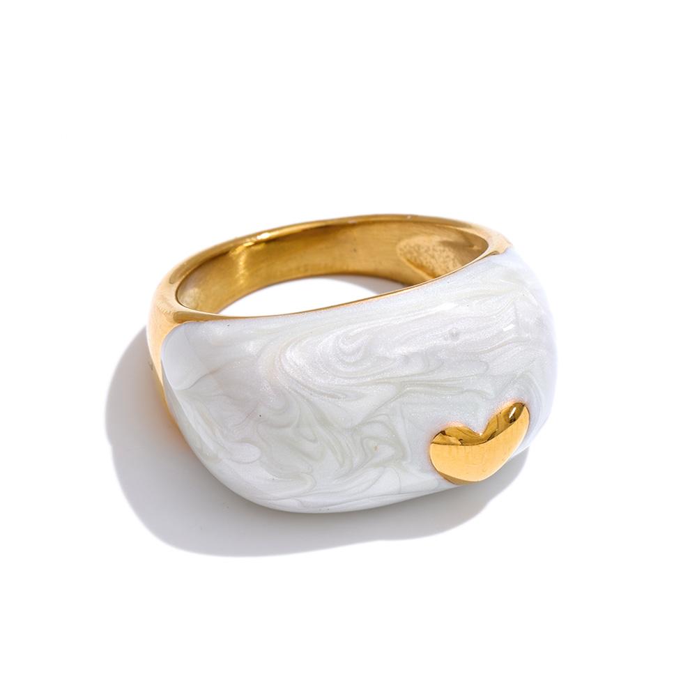 

Yhpup Size 6789 New Arrivals White Enamel Heart Casting Ring Waterproof 18K Gold Color PVD Plated Stylish Chic Jewelry 6