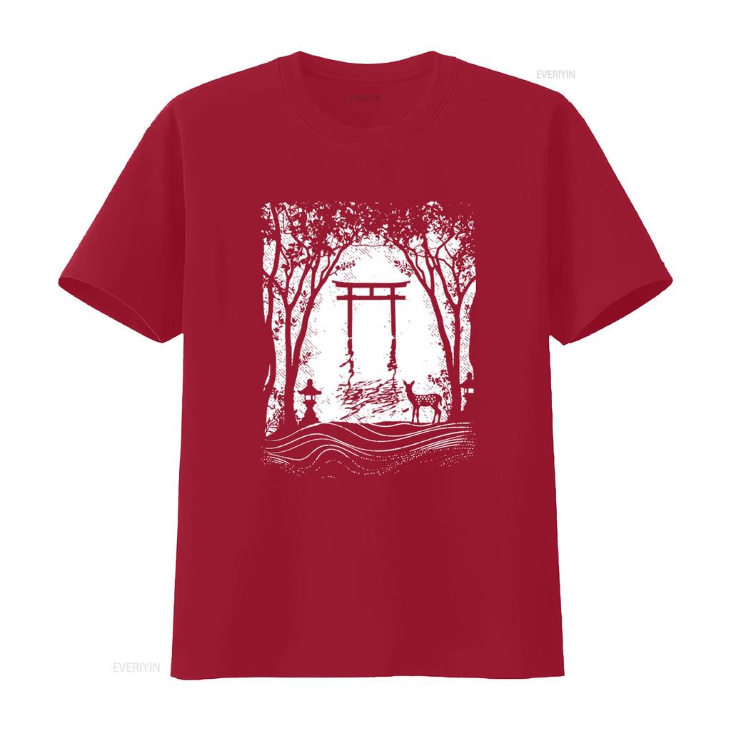 Japanese Style T Shirt with Floating Torii Gate Japan Shinto Shrine Deer Miyajima Nature Print for Men in Various Sizes