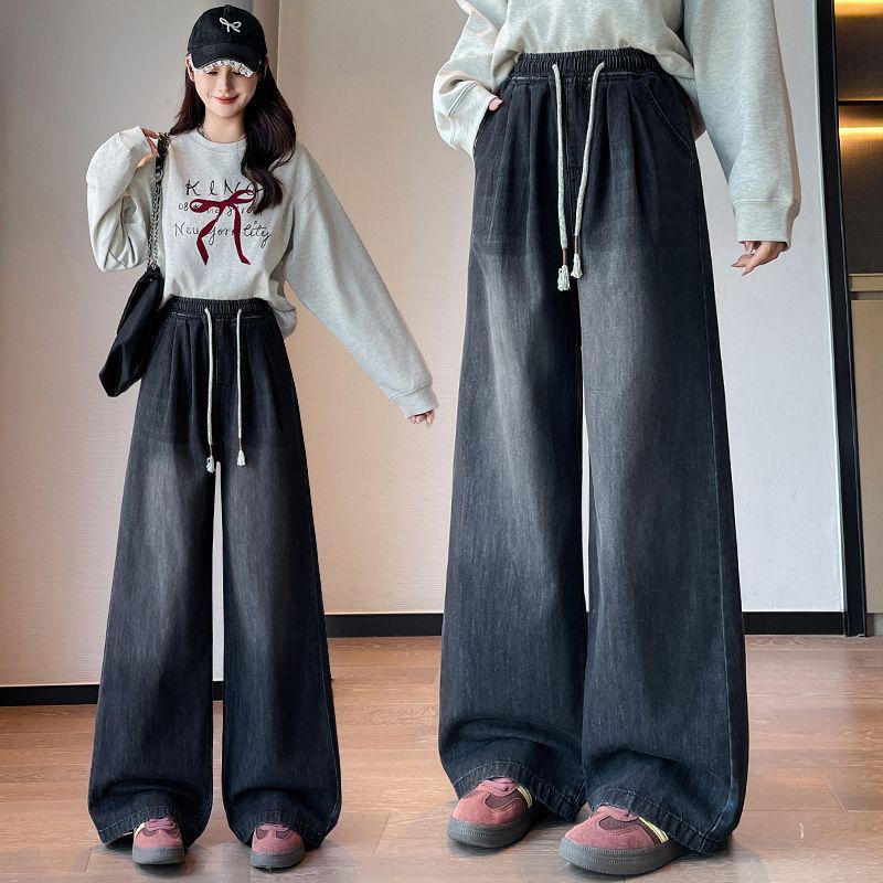 Plus Size Women's Black Denim Pants, Loose Elastic Waist, Wide-Leg, Straight, Floor-Length, Winter Extra Thick, Slimming, Fits Up to 200 Jin.