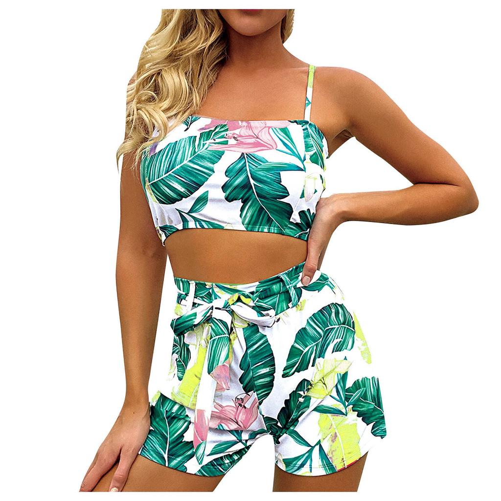 New Sexy Women  Plant Print Split Swimsuit Pattern Beach Bikini Set