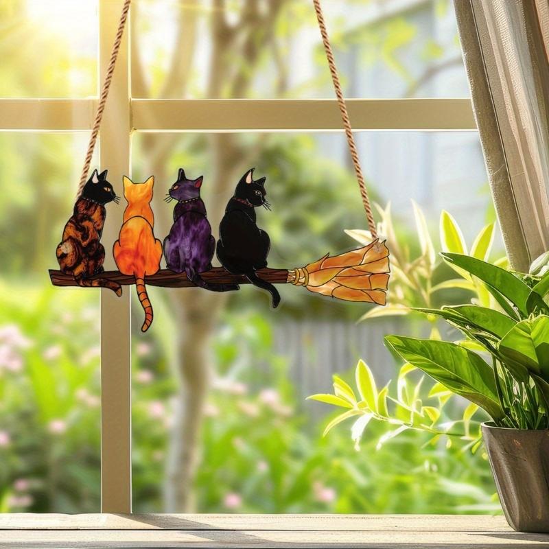 Elegant Colorful Cats with Broom Design Window Hanging Ornament Compacts Size Acrylic Suncatchers Home Garden Decors