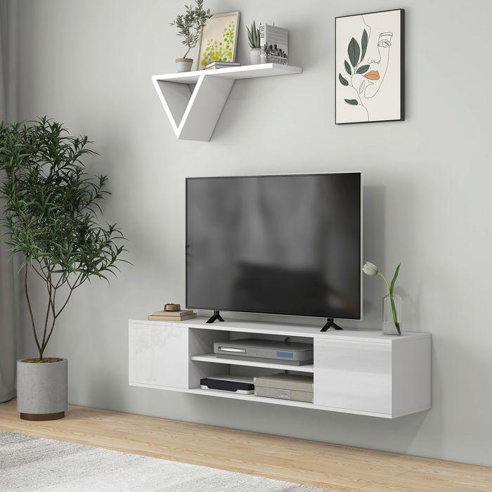 Meuble Tv Mural - HOMCOM - Suspendu Contemporain 2 Placards 2 Niches 2 Passe-câbles - Bois - 140x30x30cm - Blanc