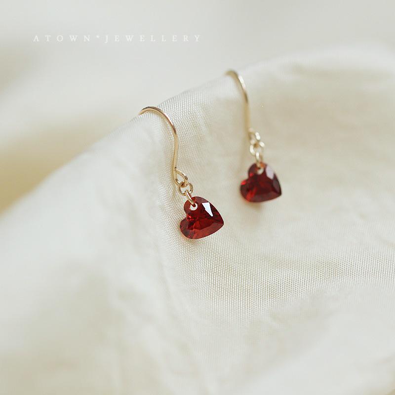 Pomegranate Red Heart Zircon Earrings: 925 Sterling Silver, 14K Gold-Plated, Mini Goddess Style 14K Gold