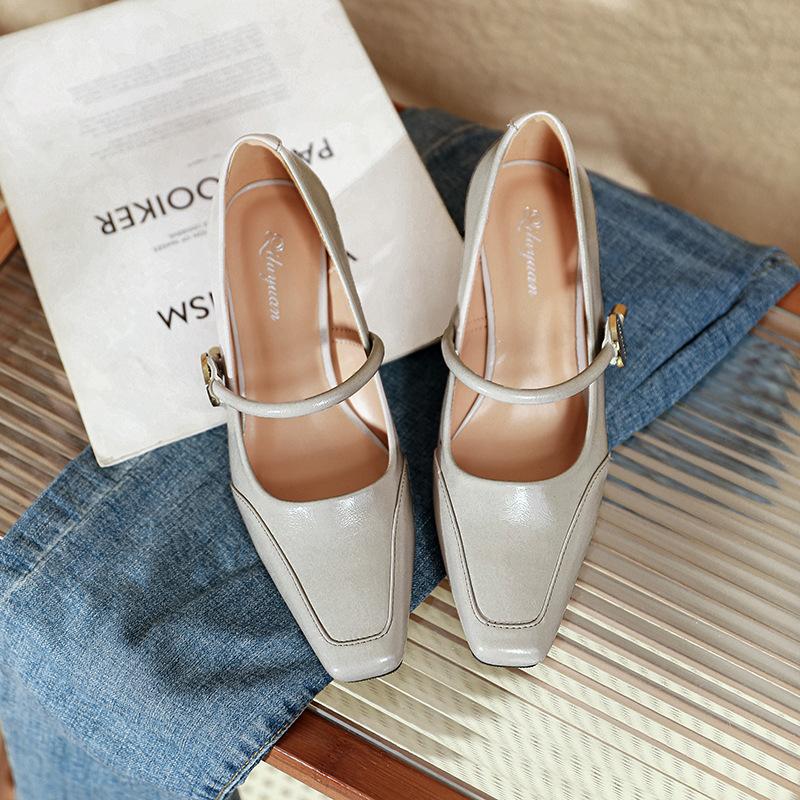 Square Head High Heels Thick Heels Are Not Tired Feet New Spring and Autumn Burgundy Light Mouth Single Shoes Splicing Word with Mary Jane Shoes